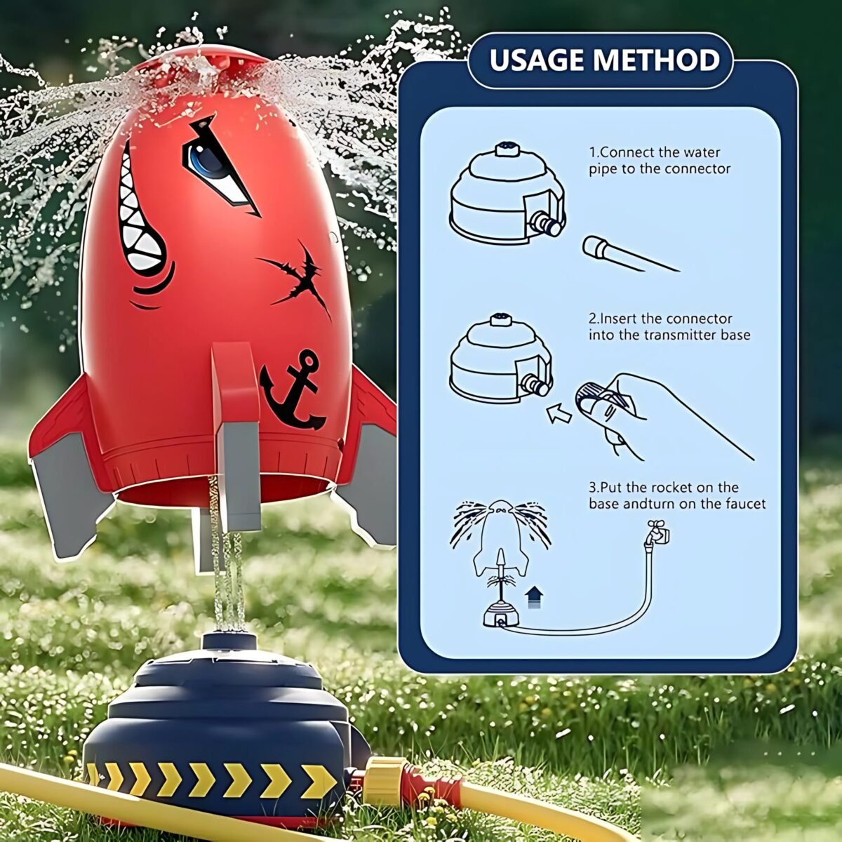 Rocket Garden Sprinkler for Kids, Outdoor Play Water Toy - Red - Image 2