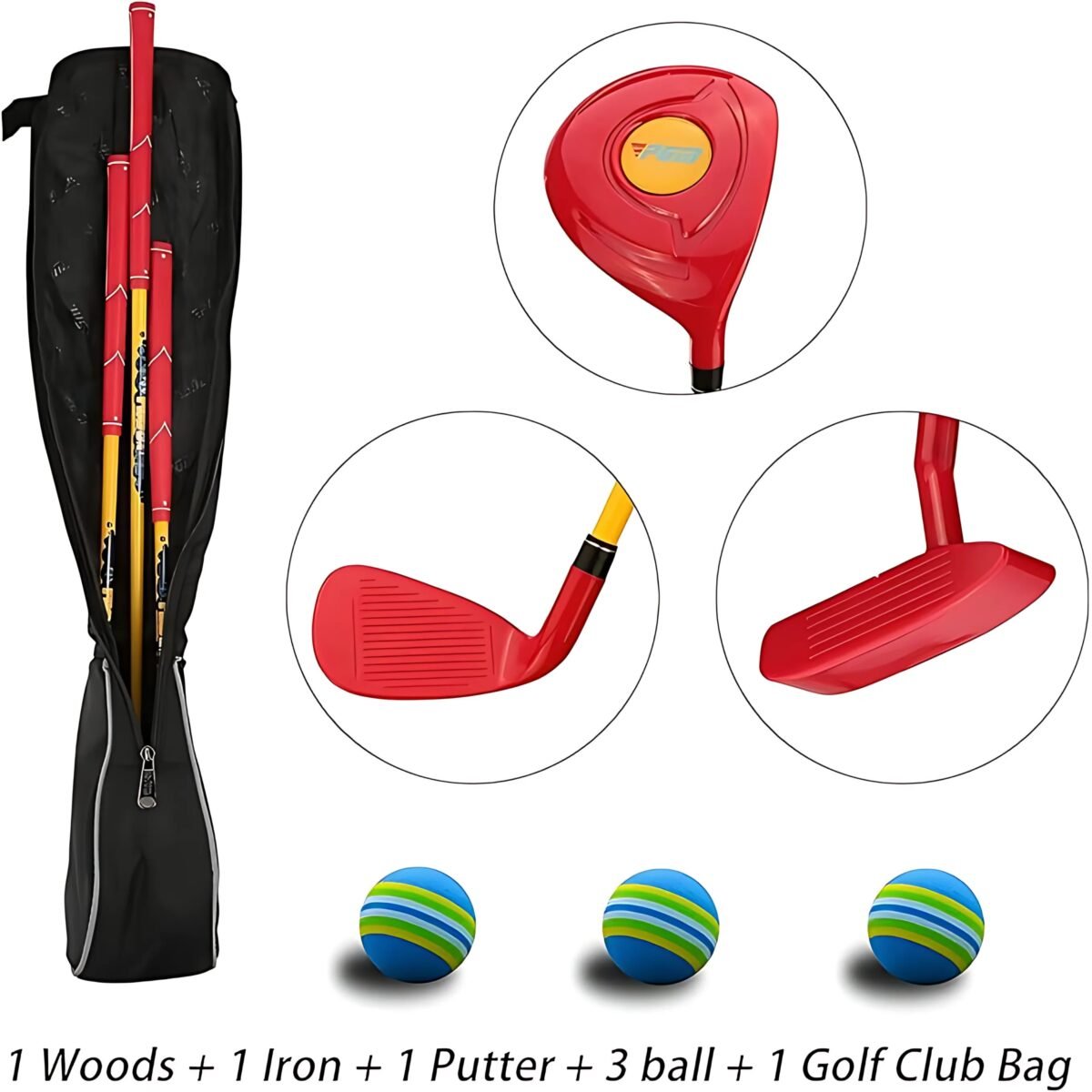 Junior Golf Club Set - Woods, Iron, Putter, Balls & Bag - Red - Image 4